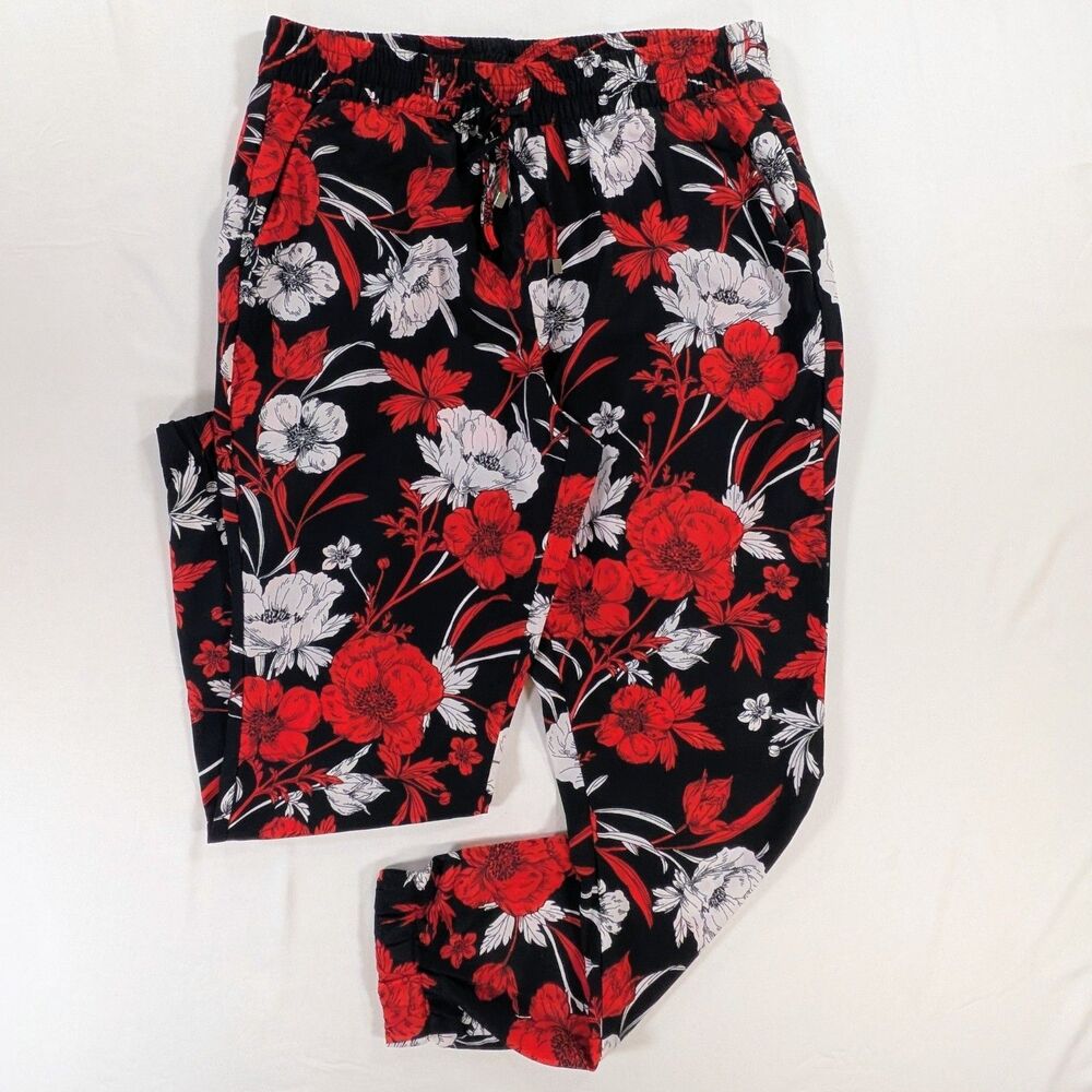 Jeans by Buffalo Red Black Floral Joggers with Elastic Drawstring Waist Medium